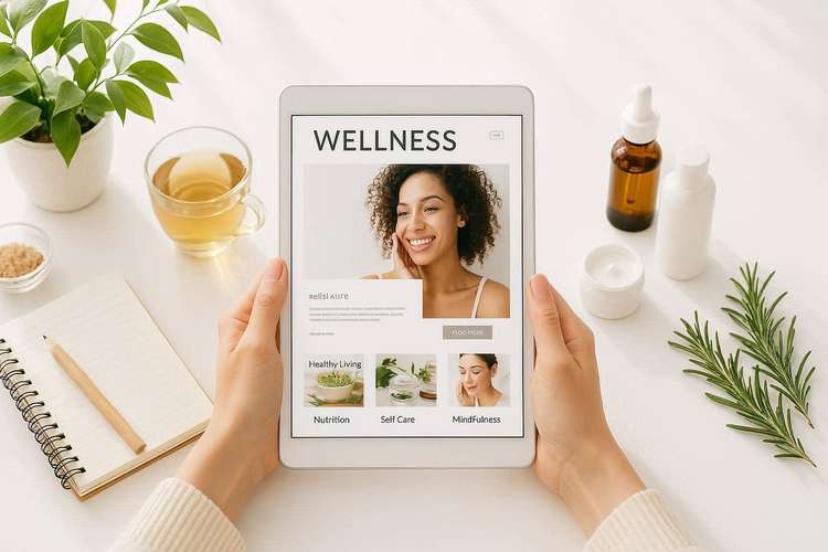 Γυναίκα χρησιμοποιεί tablet για πρόσβαση σε πλατφόρμα ευεξίας, περιτριγυρισμένη από φυσικά προϊόντα υγείας - αξιόπιστη και φιλική προς το χρήστη εμπειρία wellness