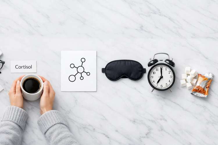 Flat lay με στοιχεία που αντιπροσωπεύουν τις αιτίες κοιλιακού λίπους — κορτιζόλη, ύπνος, ζάχαρη, ορμόνες