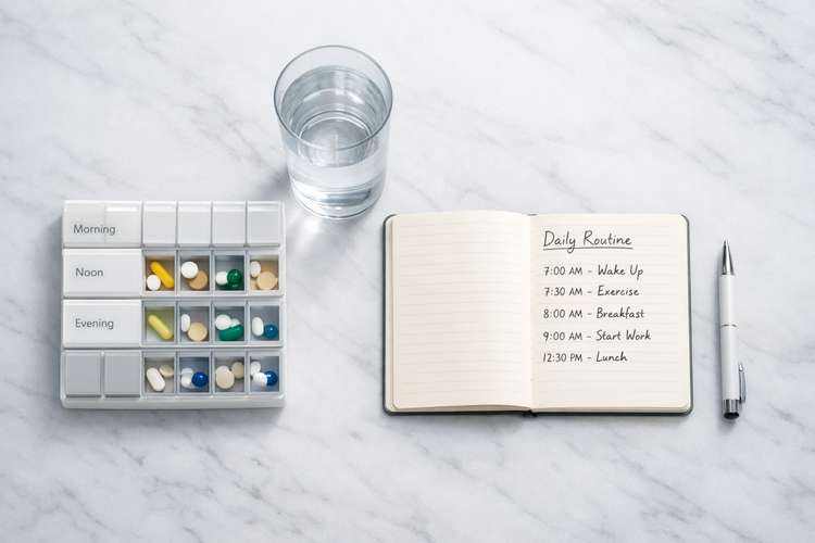 Pill organizer, ποτήρι νερό και σημειωματάριο ρουτίνας σε λευκό μάρμαρο, αντιπροσωπεύοντας τη σημασία της καθημερινής δομής
