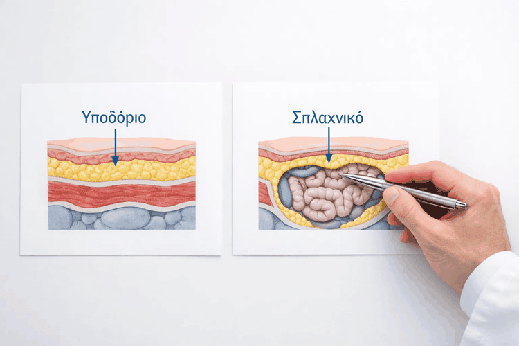 Ιατρικό διάγραμμα σε λευκό χαρτί που διακρίνει σπλαχνικό και υποδόριο κοιλιακό λίπος, με γιατρό να δείχνει με στυλό